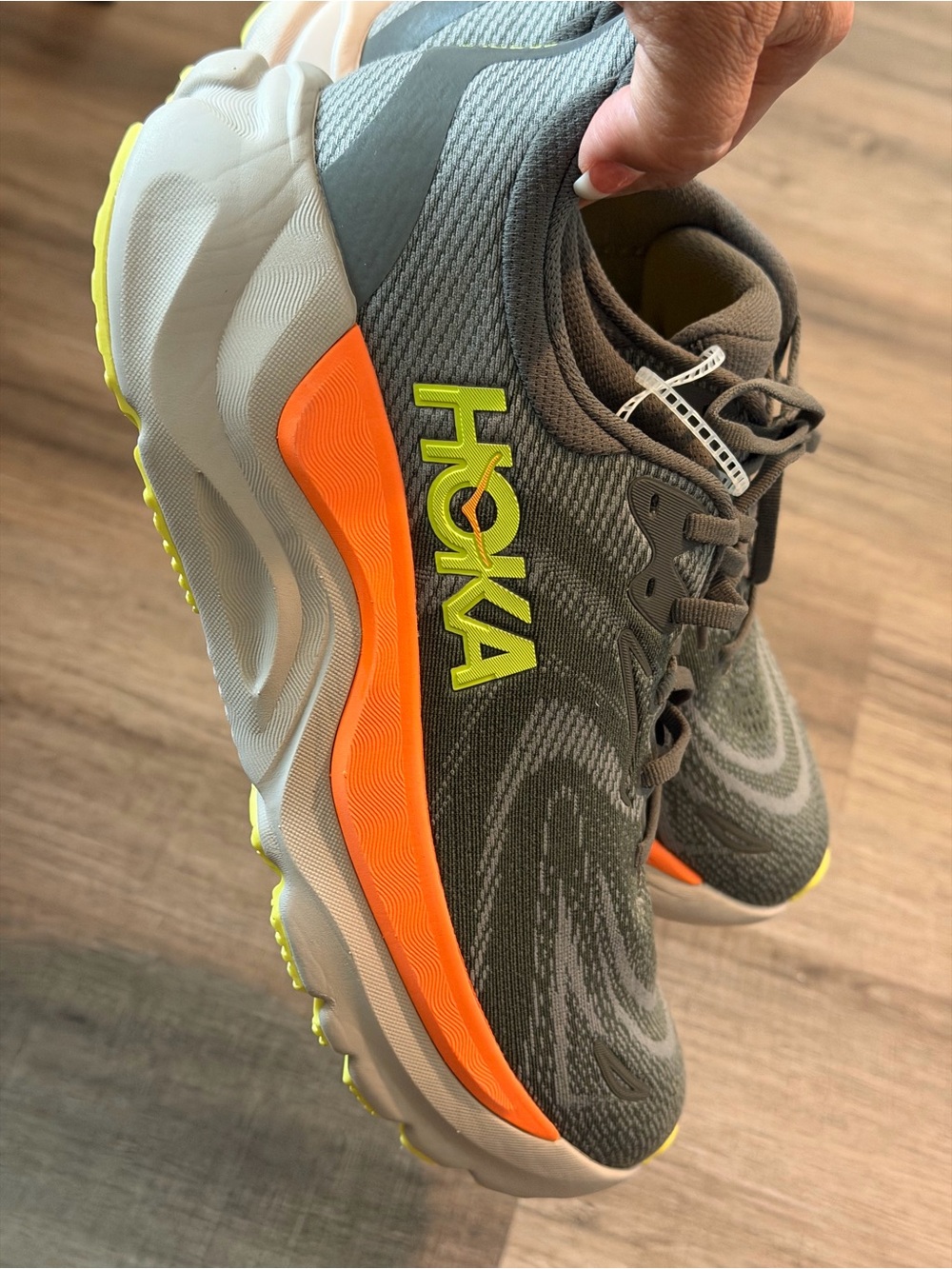 Hoka Men’s Gray Athletic Shoes with Orange & Neon Yellow Accents